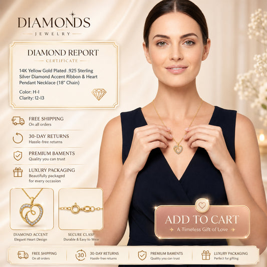 14K Yellow Gold Plated .925 Sterling Silver Diamond Accent Ribbon & Heart 18" Pendant Necklace (H-I Color, I2-I3 Clarity)