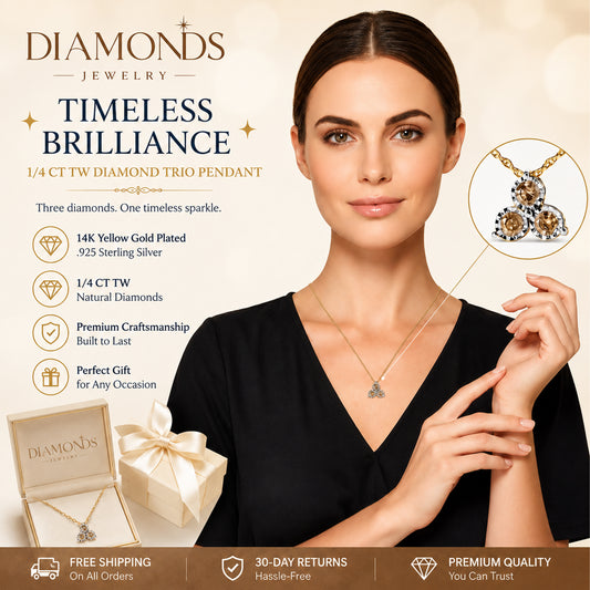 14K Yellow Gold Plated .925 Sterling Silver 1/4 Cttw Diamond 3 Stone Trio 18" Pendant Necklace (J-K Color, I1-I2 Clarity)
